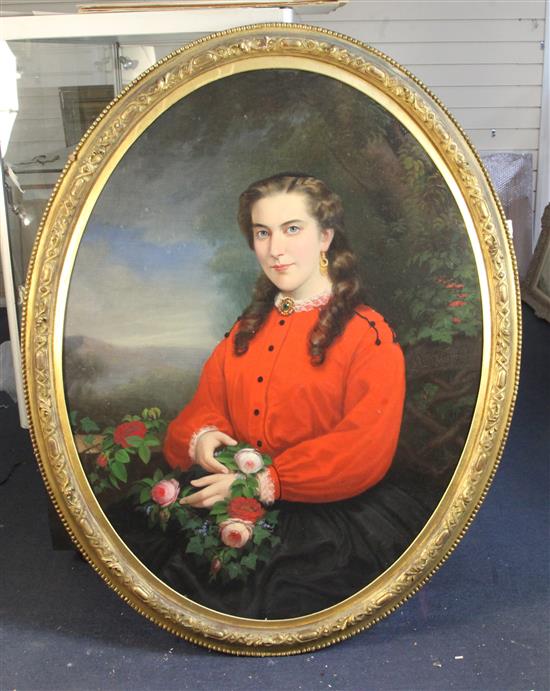 Johannes Louis Wensel (German, 1825-1899) Portrait of a young woman holding a bunch of roses 41 x 31in.